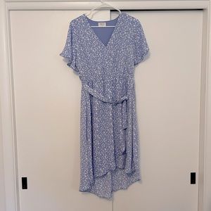 Blue floral wrap dress.